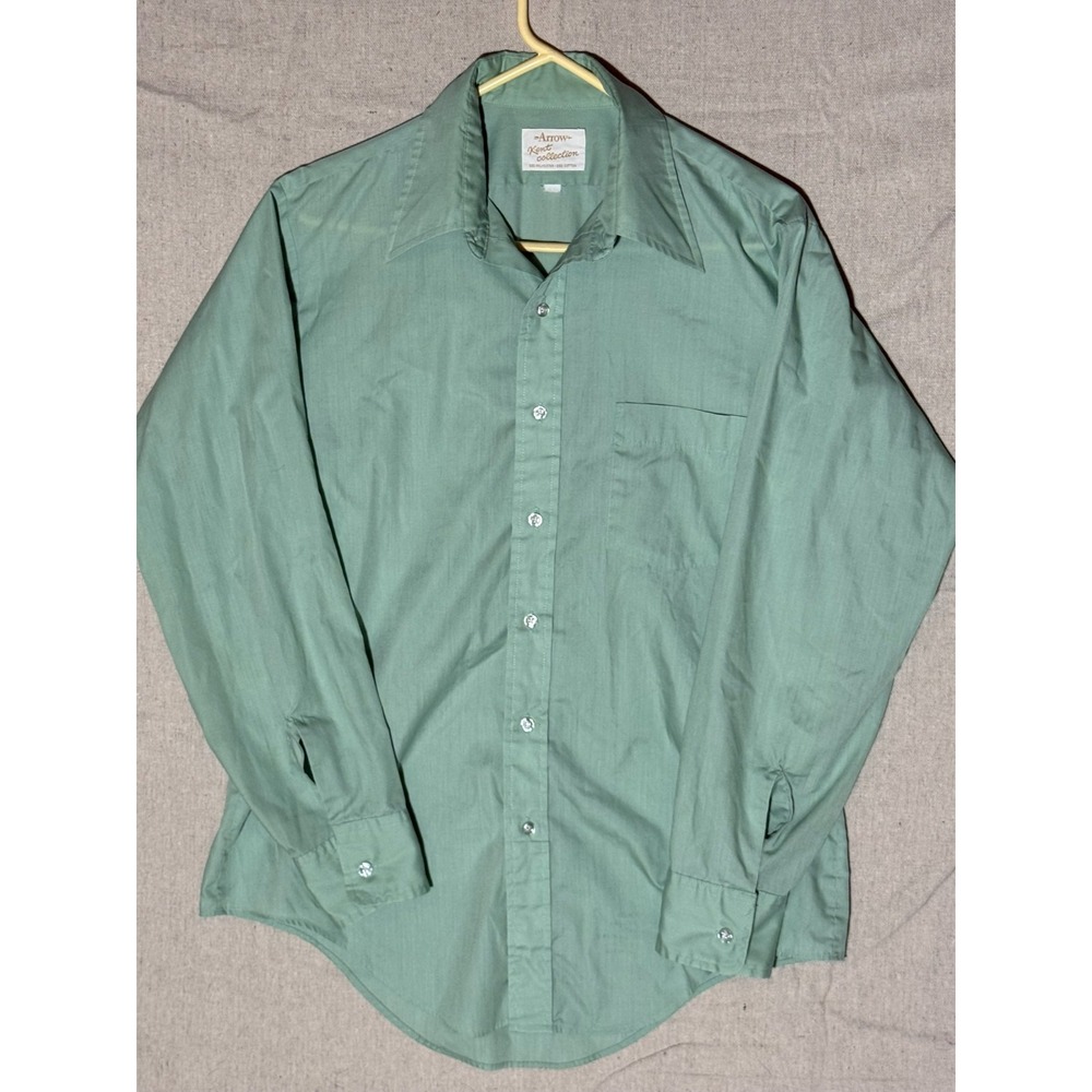 Vintage 70s Arrow Kent Collection Dagger Collar Shirt Mens Large Sage Green USA